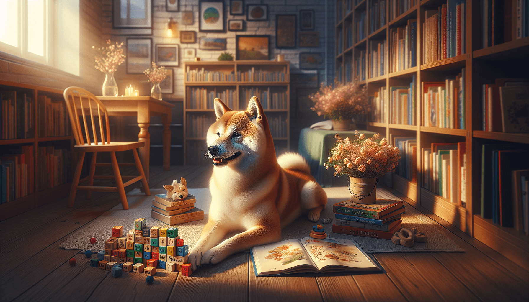 Children reading to shelter dogs in a cozy library setting