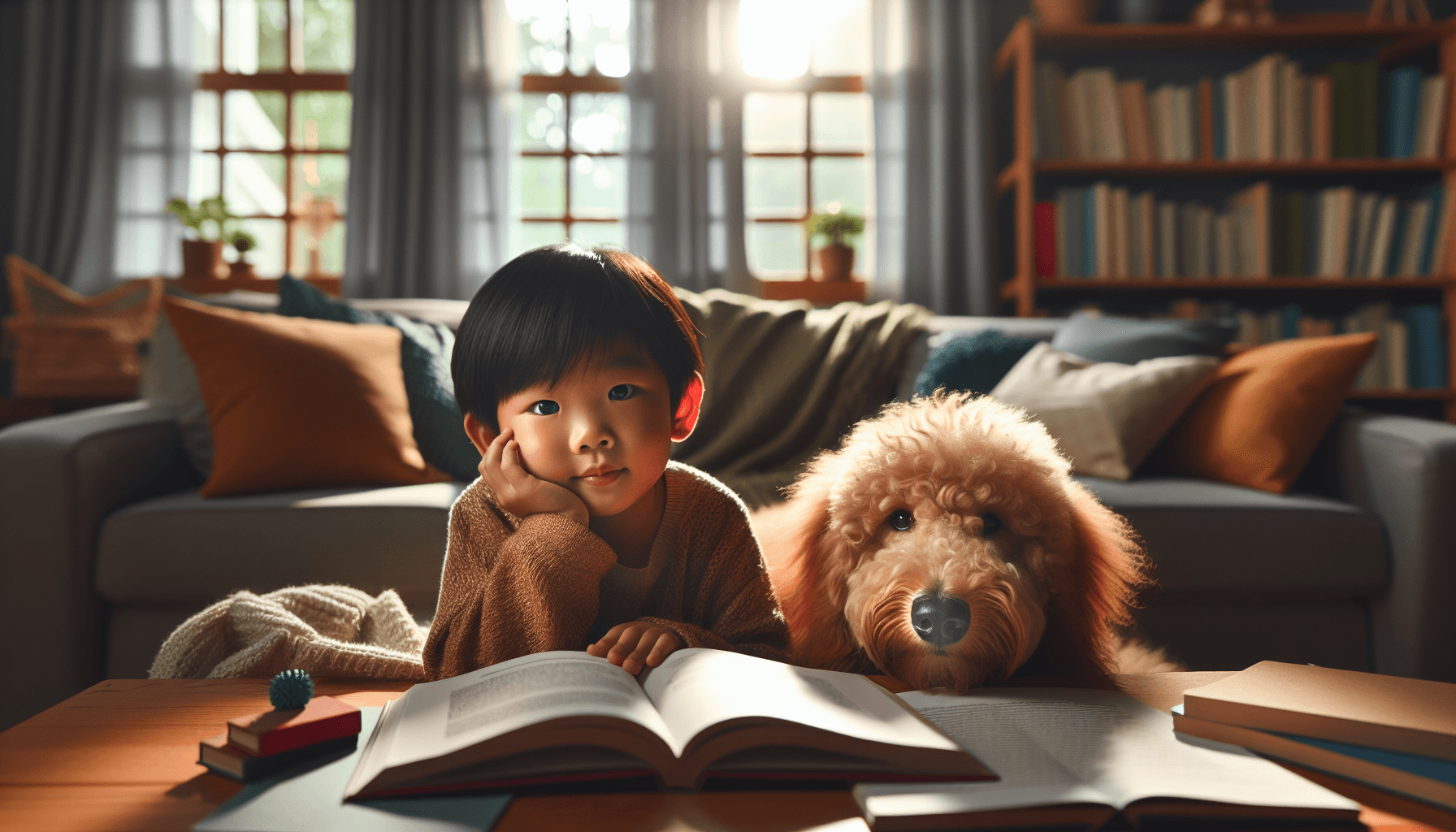 A young child looking at picture books next to a patient Golden Retriever