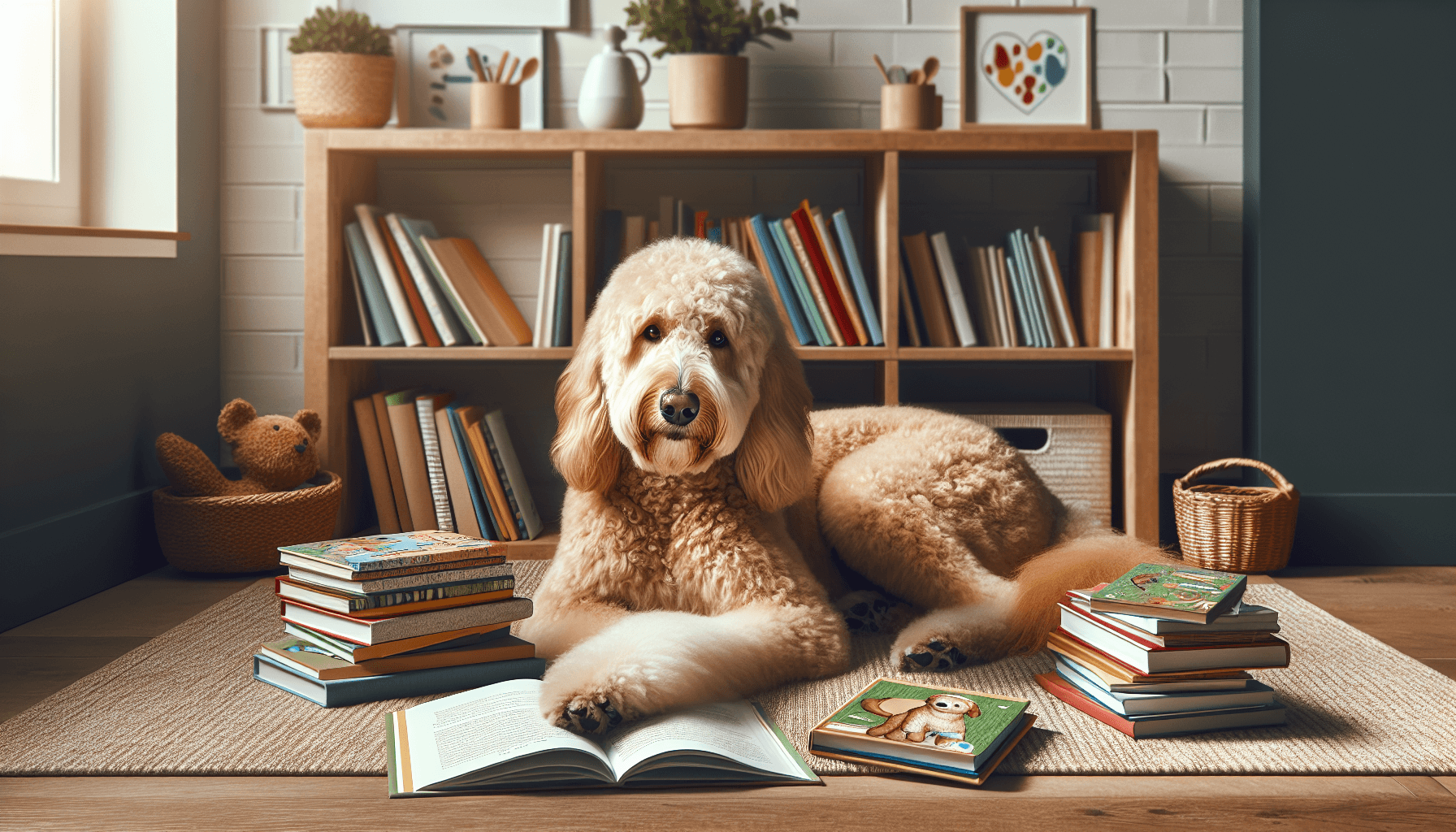Children of various ages reading to a therapy dog in a library setting