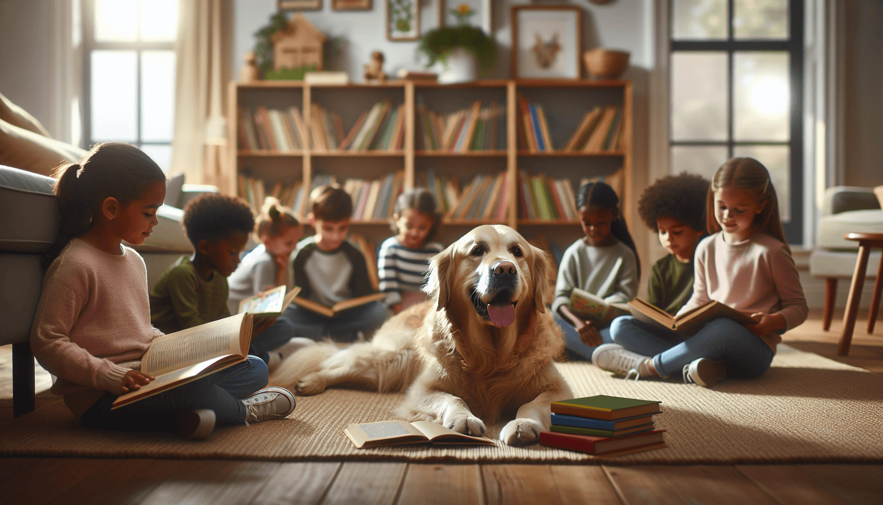 Therapy dog handlers connecting at a dog park, their dogs playing together