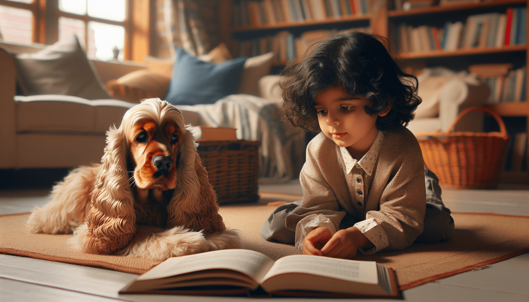 An engaged therapy dog listening to an adventure story during a reading session