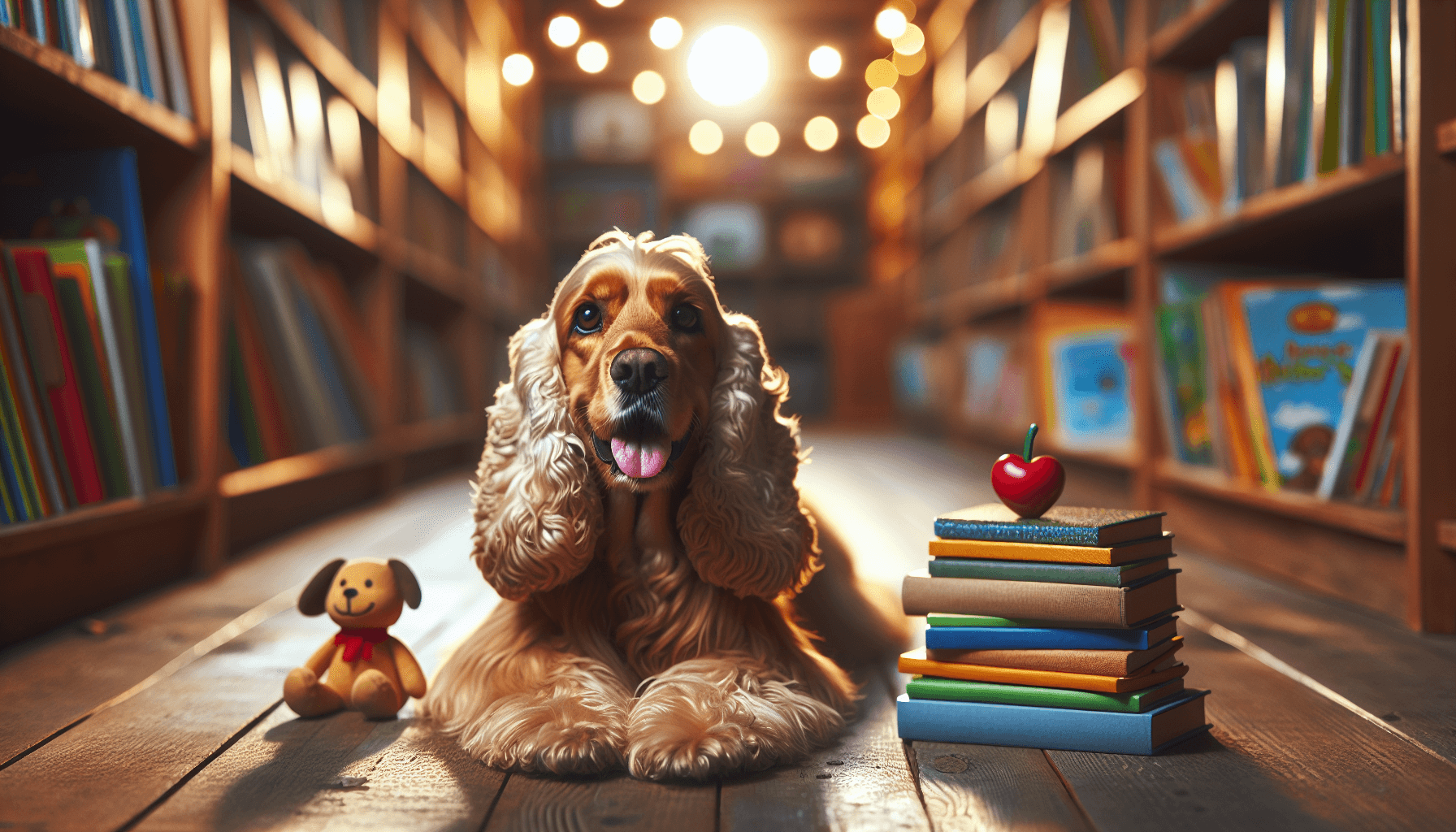 A therapy dog perking up attentively as a child reads an exciting adventure book