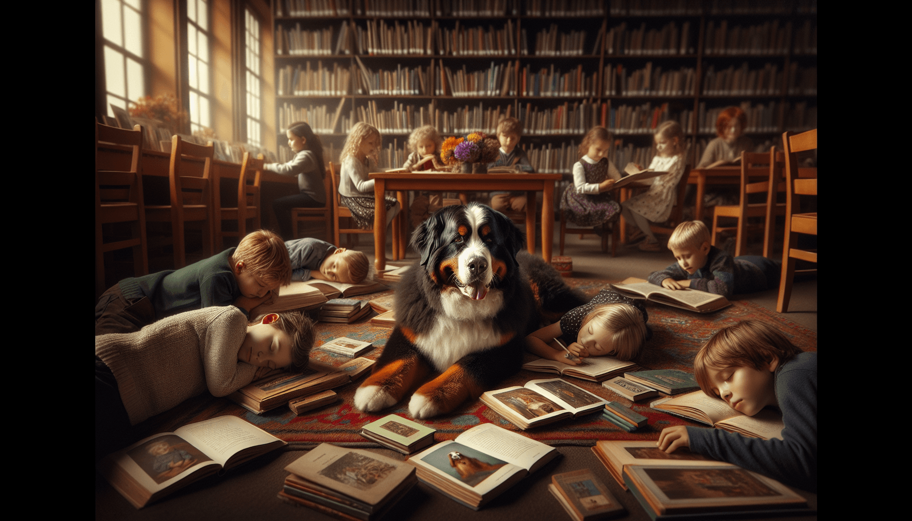 The founding librarian standing proudly with the first therapy dog in the program