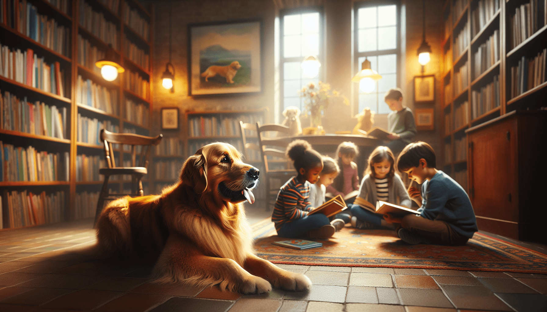 A child and therapy dog in an extended reading marathon with a stack of finished books nearby