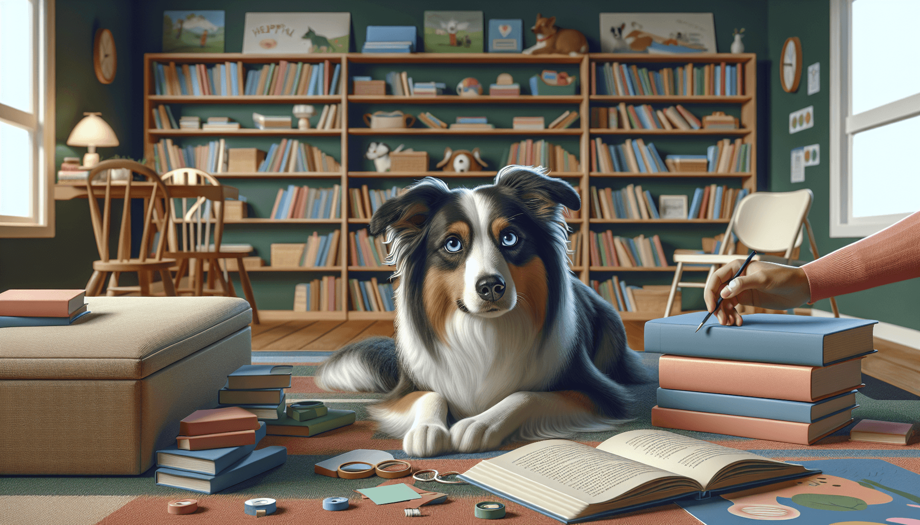 A child deeply engaged in a colorful picture book while a therapy dog looks at the illustrations