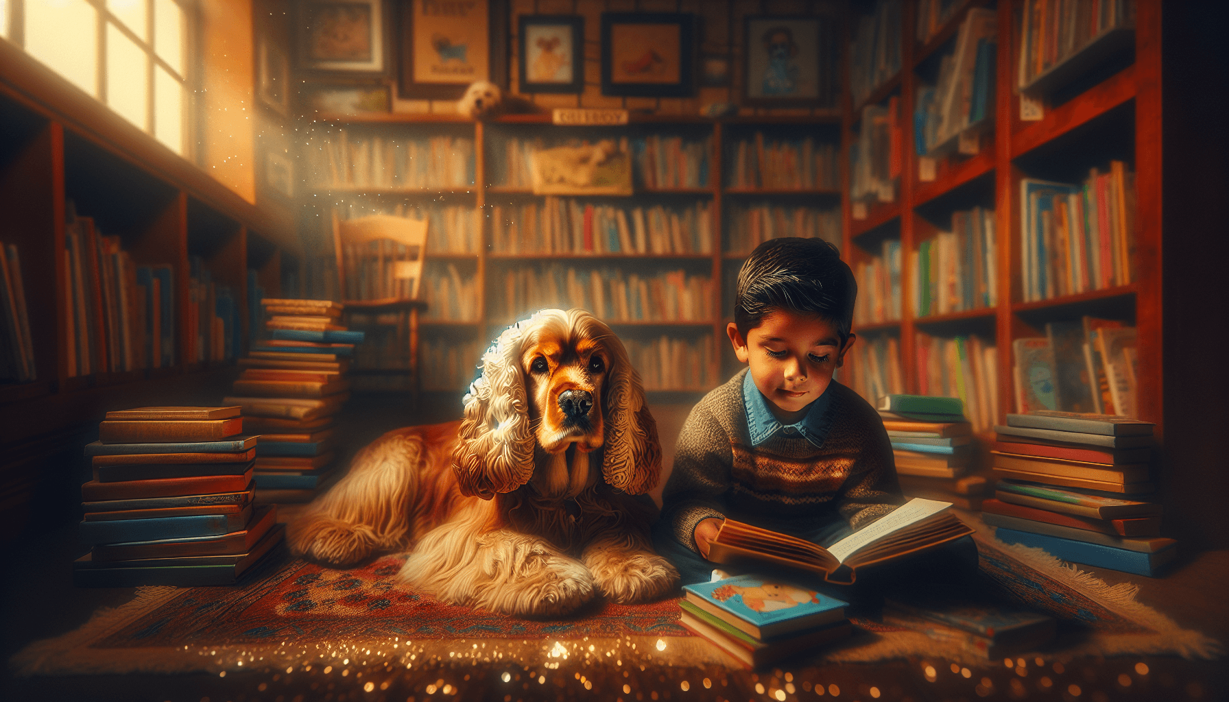 A quiet, shy boy sitting peacefully next to a patient Border Collie therapy dog