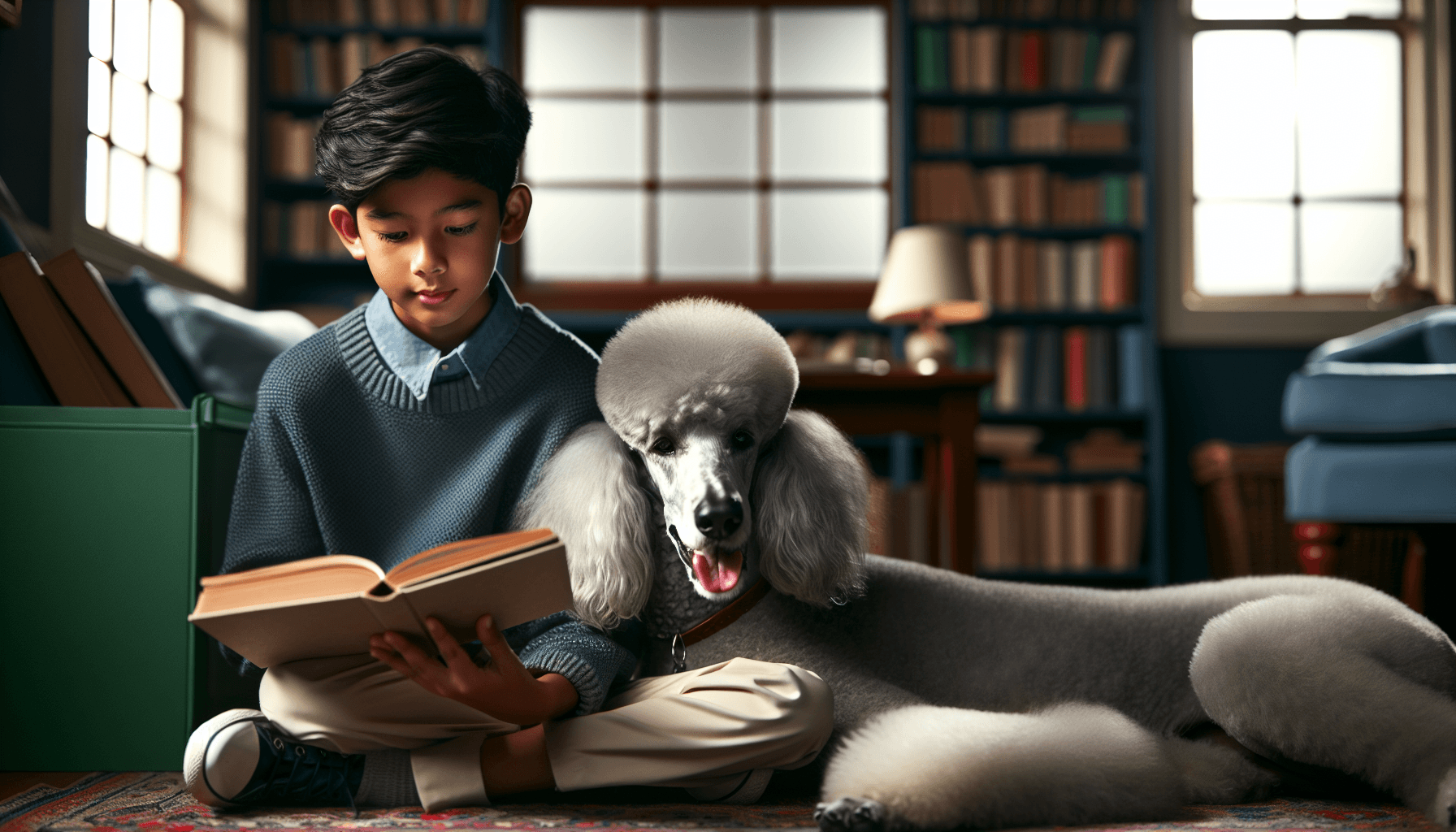 A child peacefully reading while leaning against a calm Golden Retriever