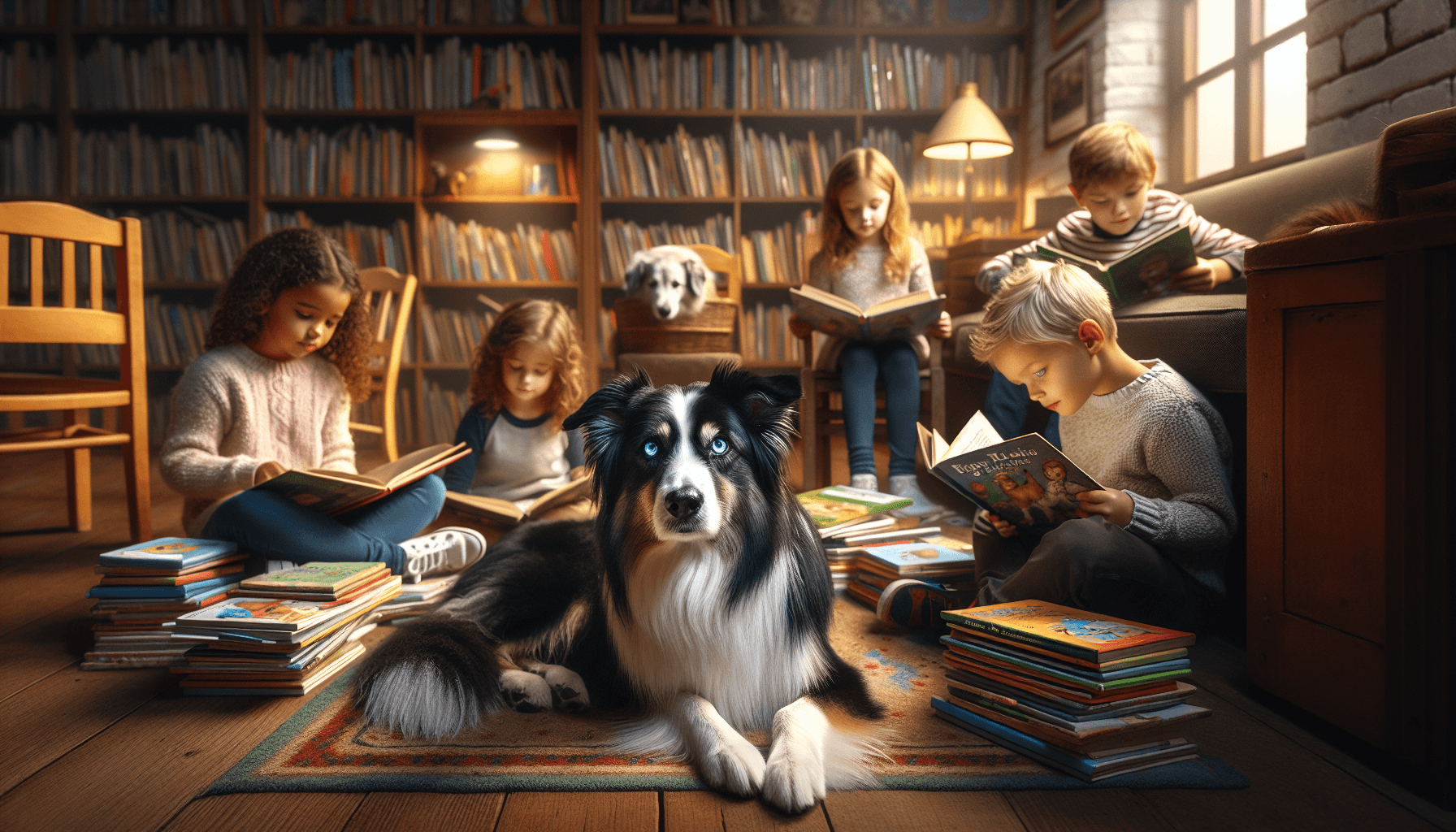 Two siblings sitting together reading to a therapy dog in a cozy library corner