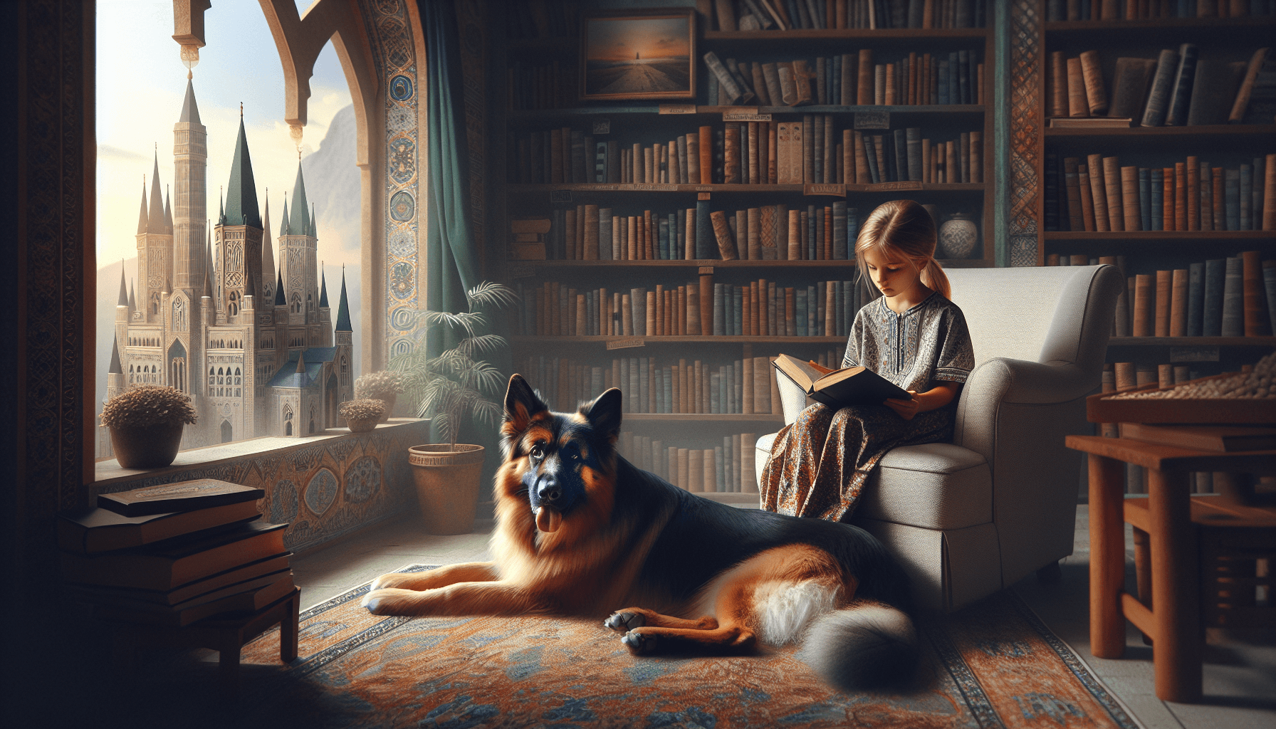 A therapy dog lying beside a child who is tracing letters in a book