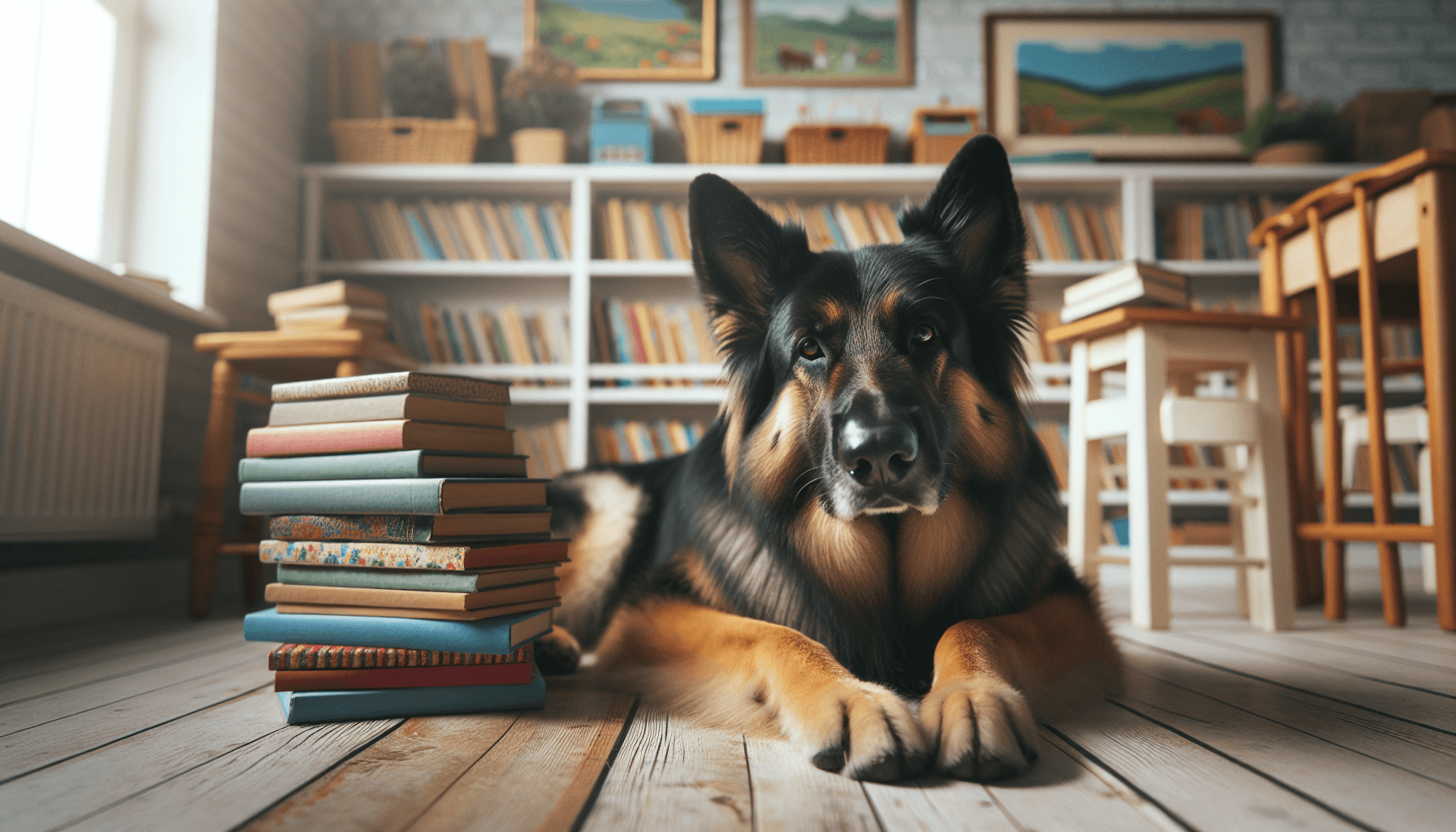 A child with a book practicing reading aloud while a patient therapy dog listens attentively
