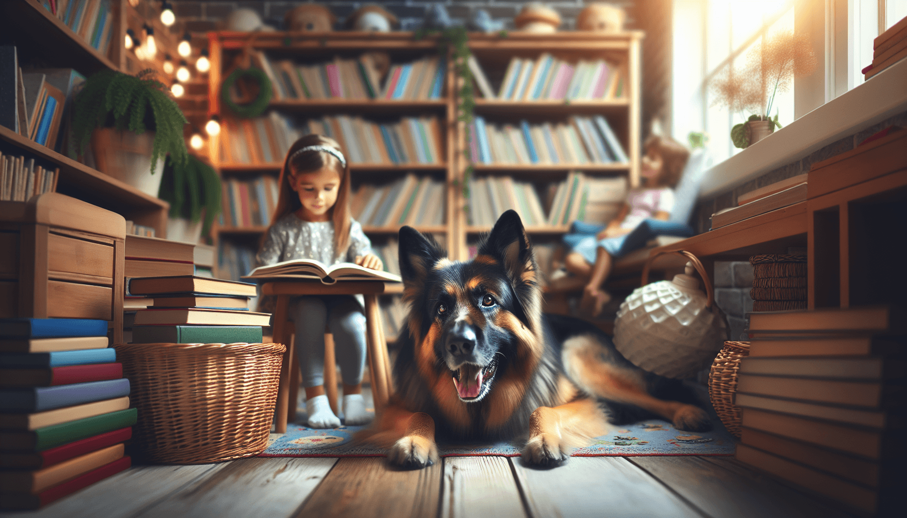 A volunteer handler with their therapy dog greeting children at a library