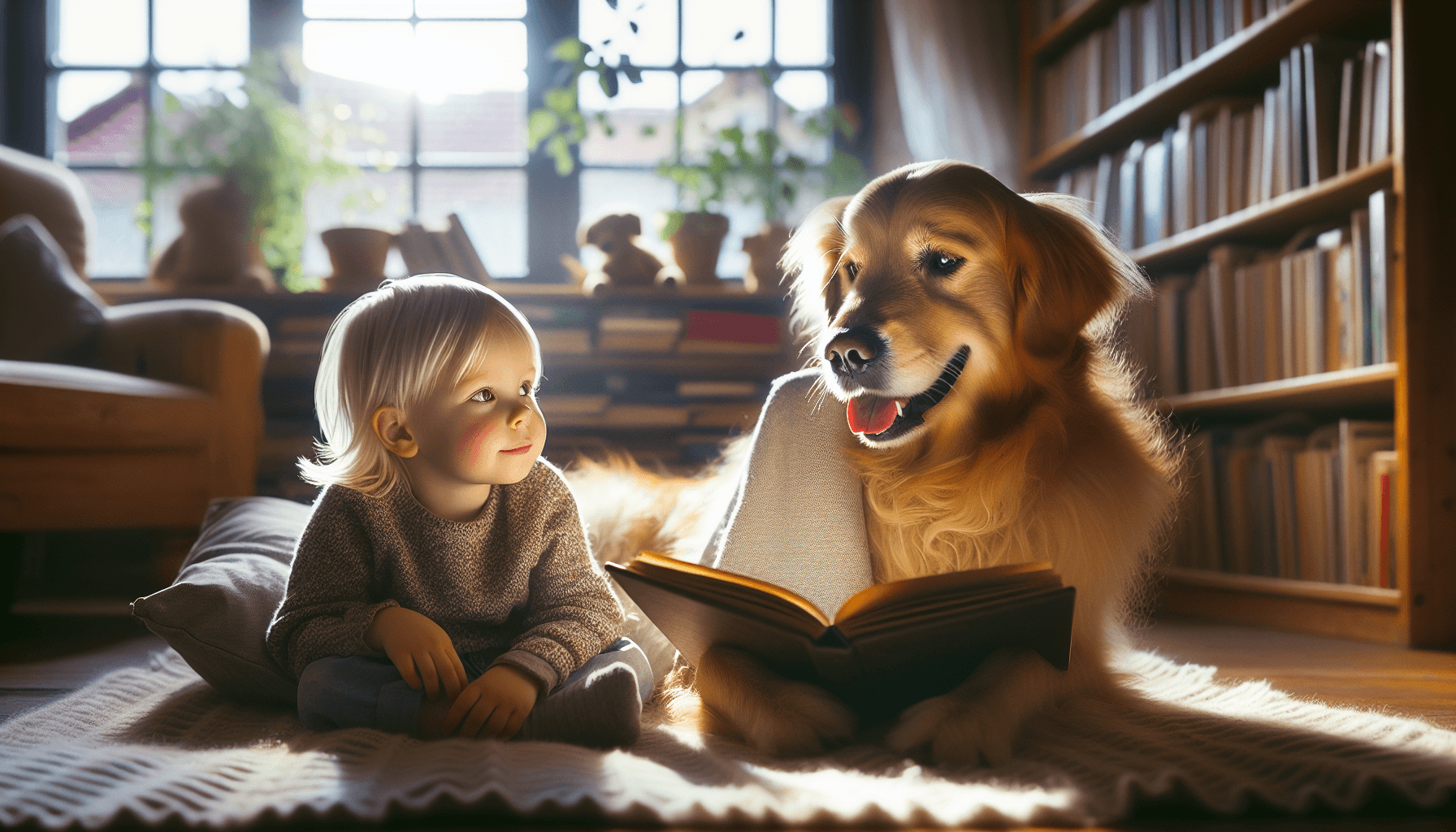 A heartwarming scene of a child reading to a Golden Retriever in a library