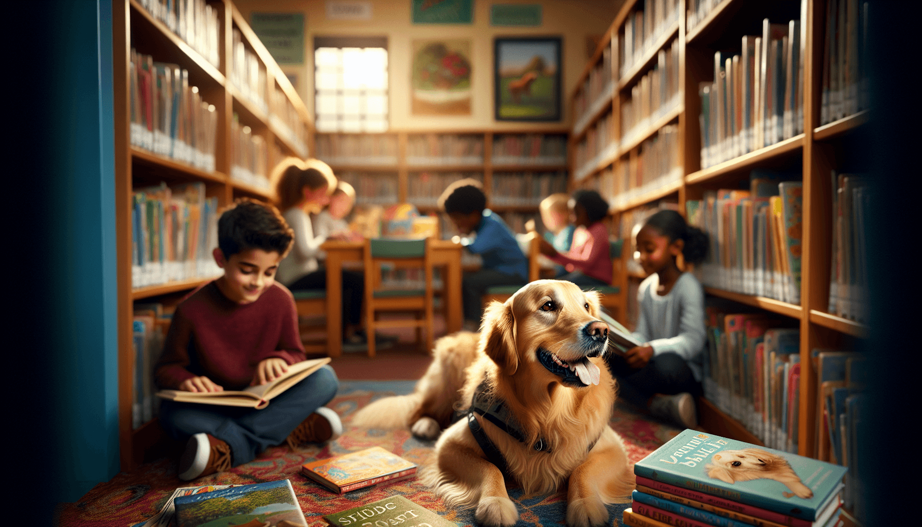 A young Golden Retriever puppy lying attentively beside a child with a picture book