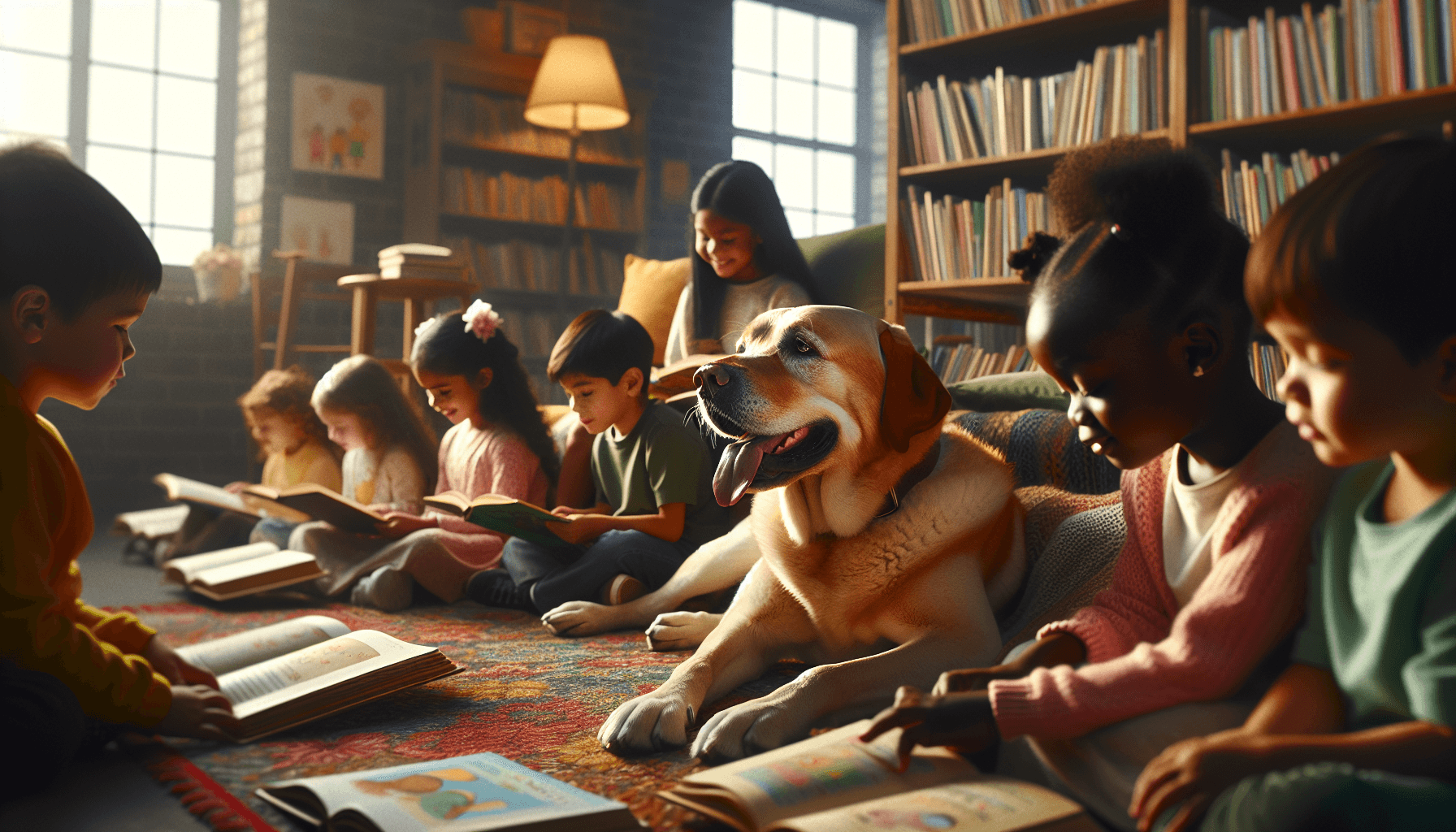 Regular program families greeting their favorite therapy dogs at the library entrance