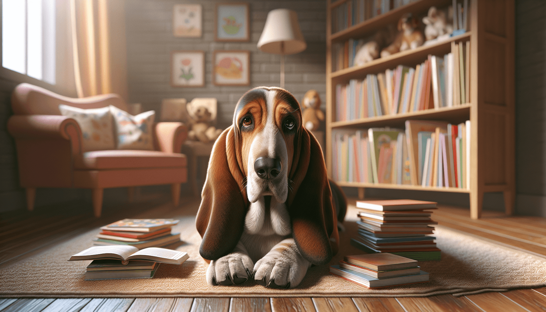 A therapy dog wearing a cozy sweater walking through a snowy path to a library