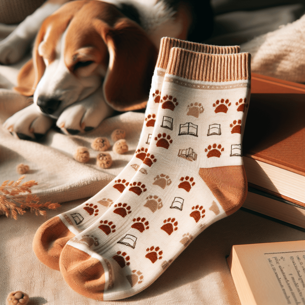 Cream and terracotta socks with tiny paw prints and open book motifs, displayed with a sleeping beagle puppy