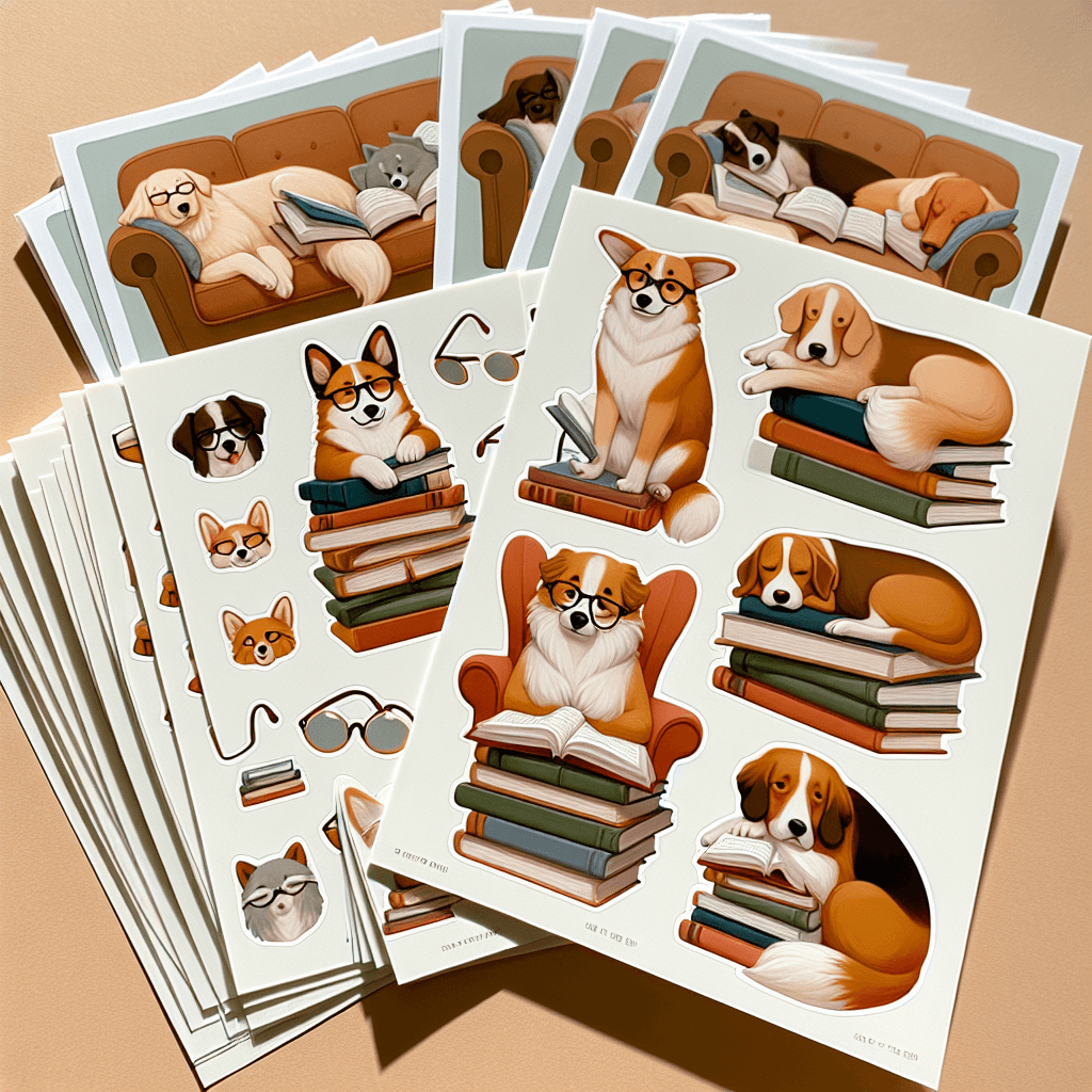 Colorful sticker pack showing therapy dogs in cozy reading poses: sleeping on books, wearing glasses, in reading nooks