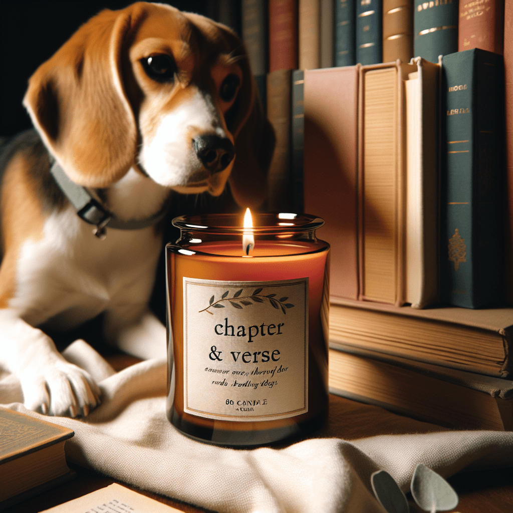 Amber glass candle jar with "Chapter & Verse" label, surrounded by old books and a curious beagle sniffing the jar