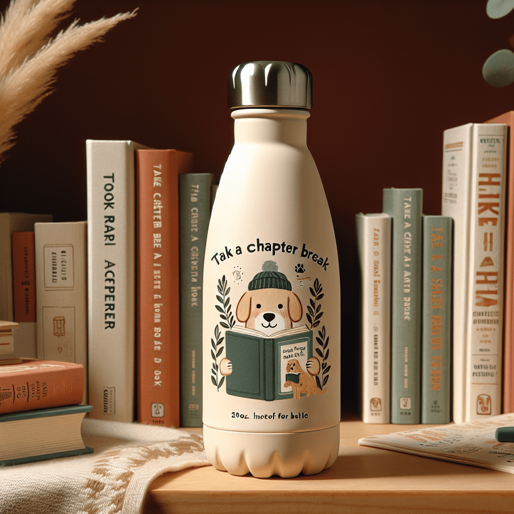 Cream-colored insulated water bottle with "Take a Chapter Break" text and cute dog with book illustration
