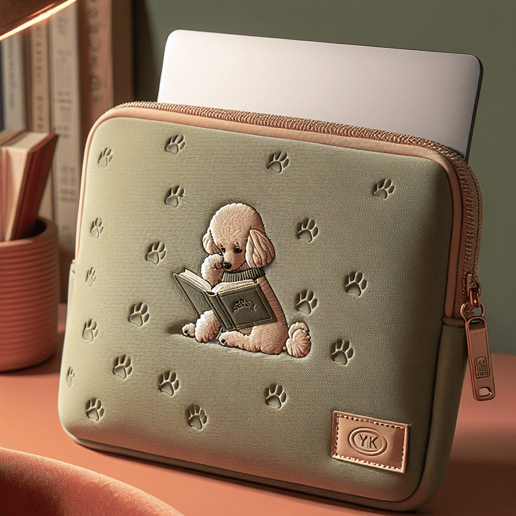 Sage green laptop sleeve with subtle embossed paw prints and a small illustrated badge of a poodle reading a book