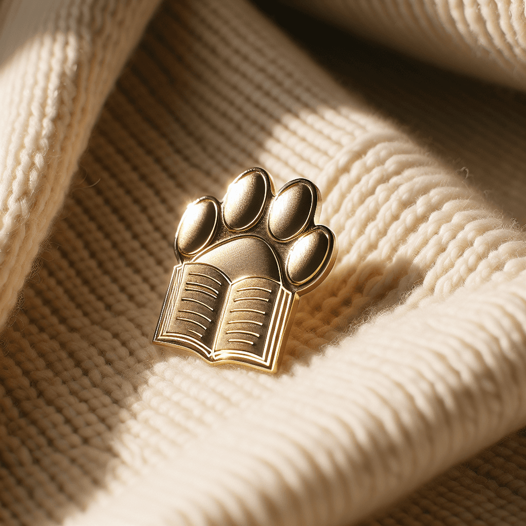 Gold-plated enamel pin shaped like a paw print holding a tiny open book, photographed on a cream background