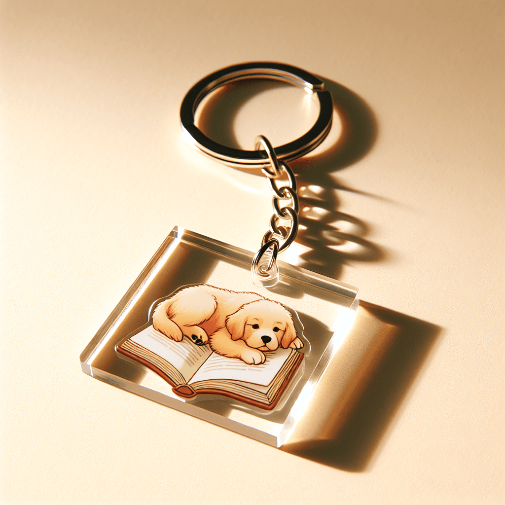 Clear acrylic keychain featuring an illustrated golden retriever puppy napping on an open book
