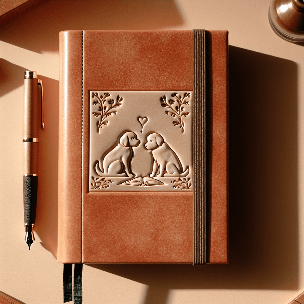 Hardcover journal with embossed cover showing two dog silhouettes reading together, in warm terracotta color
