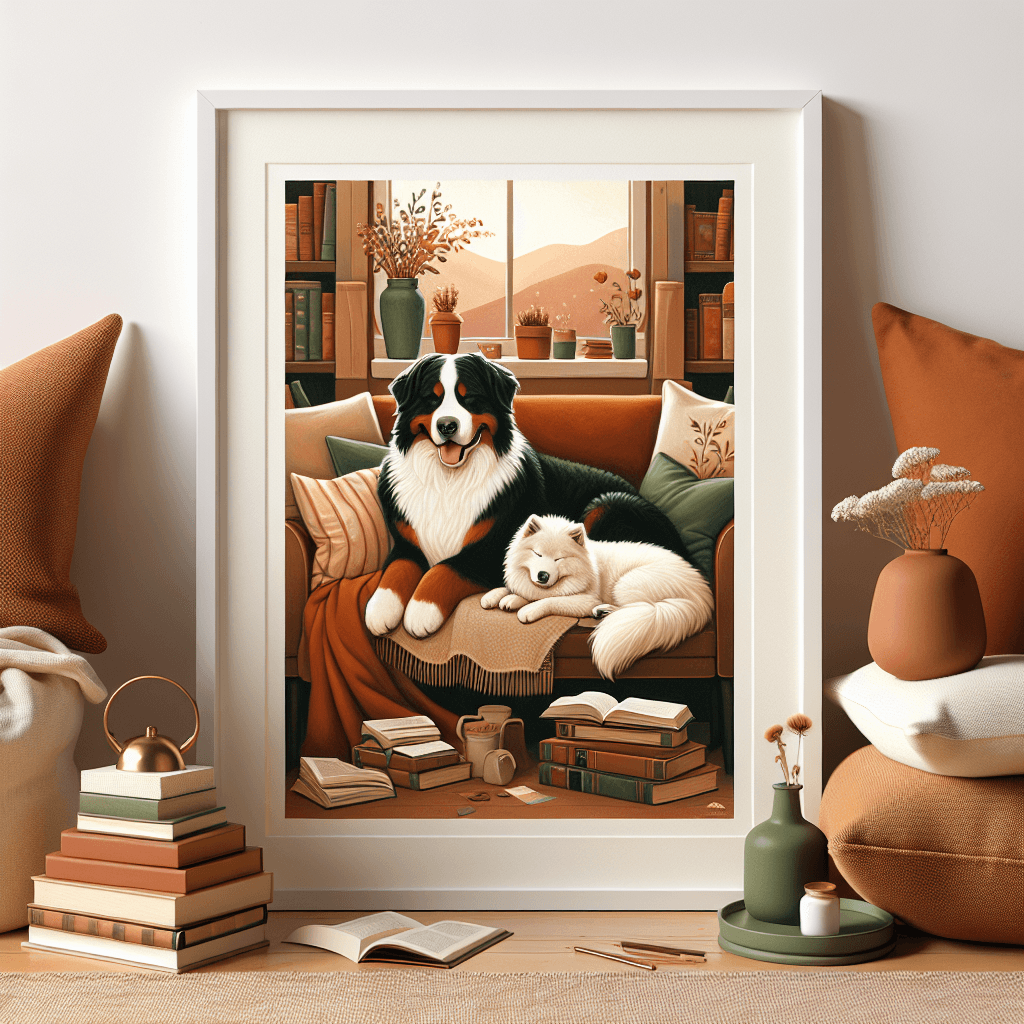 Warm-toned art print showing a cozy window seat with a bernese mountain dog and samoyed napping together surrounded by books and cushions