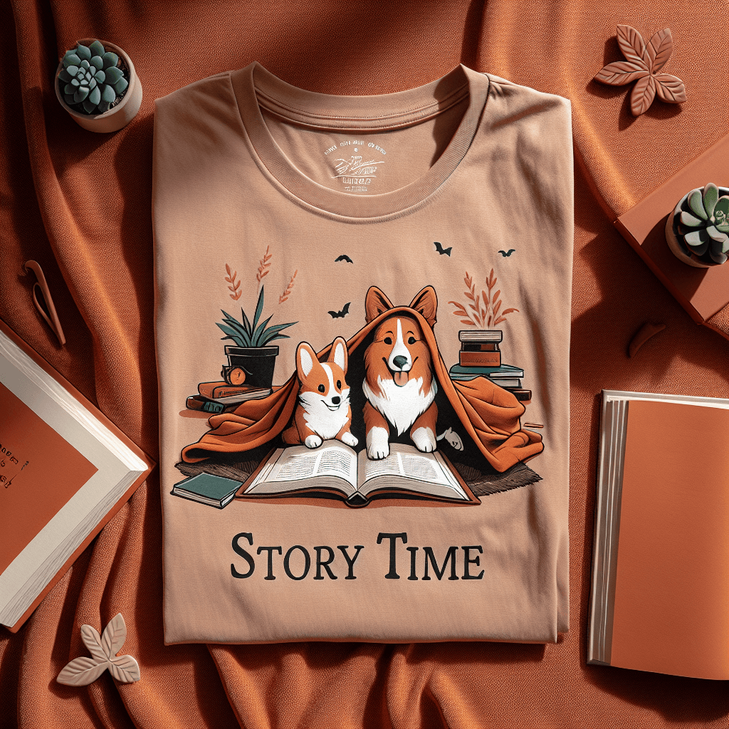 Soft terracotta t-shirt featuring a playful illustration of a corgi and golden retriever reading together under a blanket