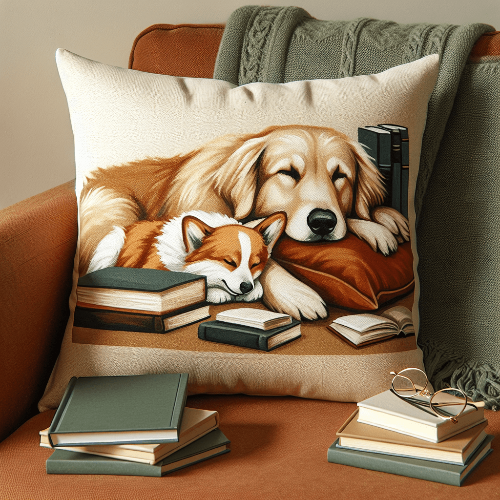 Square throw pillow in warm cream with illustrated scene of a sleeping golden retriever and corgi sharing a blanket next to a book stack