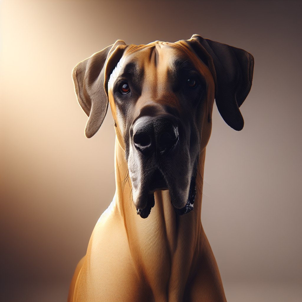 Majestic fawn-colored Great Dane Apollo sitting regally with a calm, noble expression