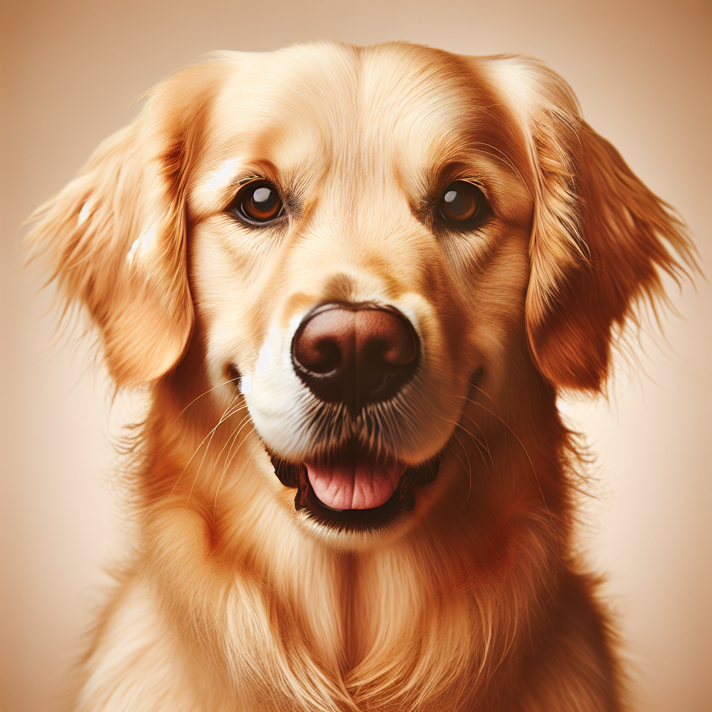 Golden retriever Biscuit with a friendly expression, looking upward in soft warm lighting