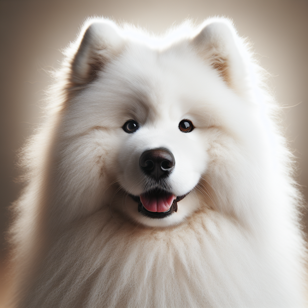 Beautiful white Samoyed Daisy with her characteristic smiling expression and fluffy coat