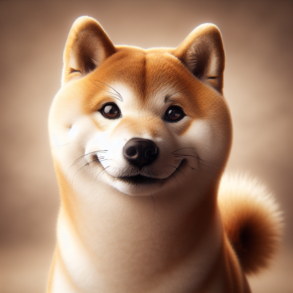 Dignified Shiba Inu Ginger with her characteristic cream and rust coloring and calm, wise expression