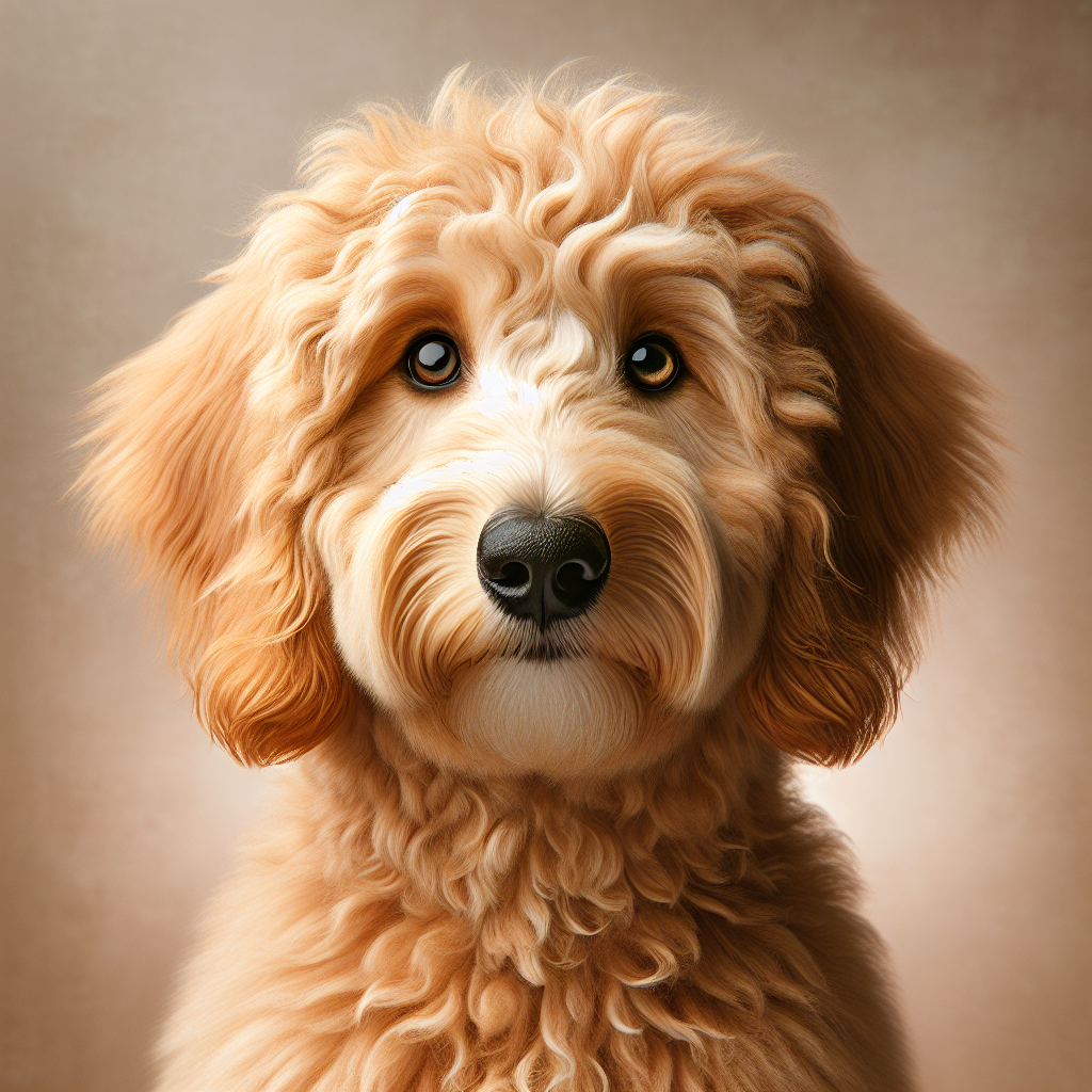Adorable Goldendoodle Honey with fluffy apricot curls and warm, gentle eyes