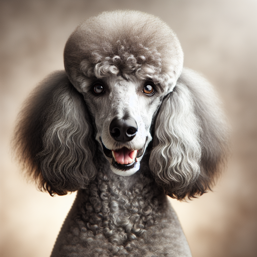Elegant silver Standard Poodle Jasper with perfectly groomed curly coat and dignified bearing