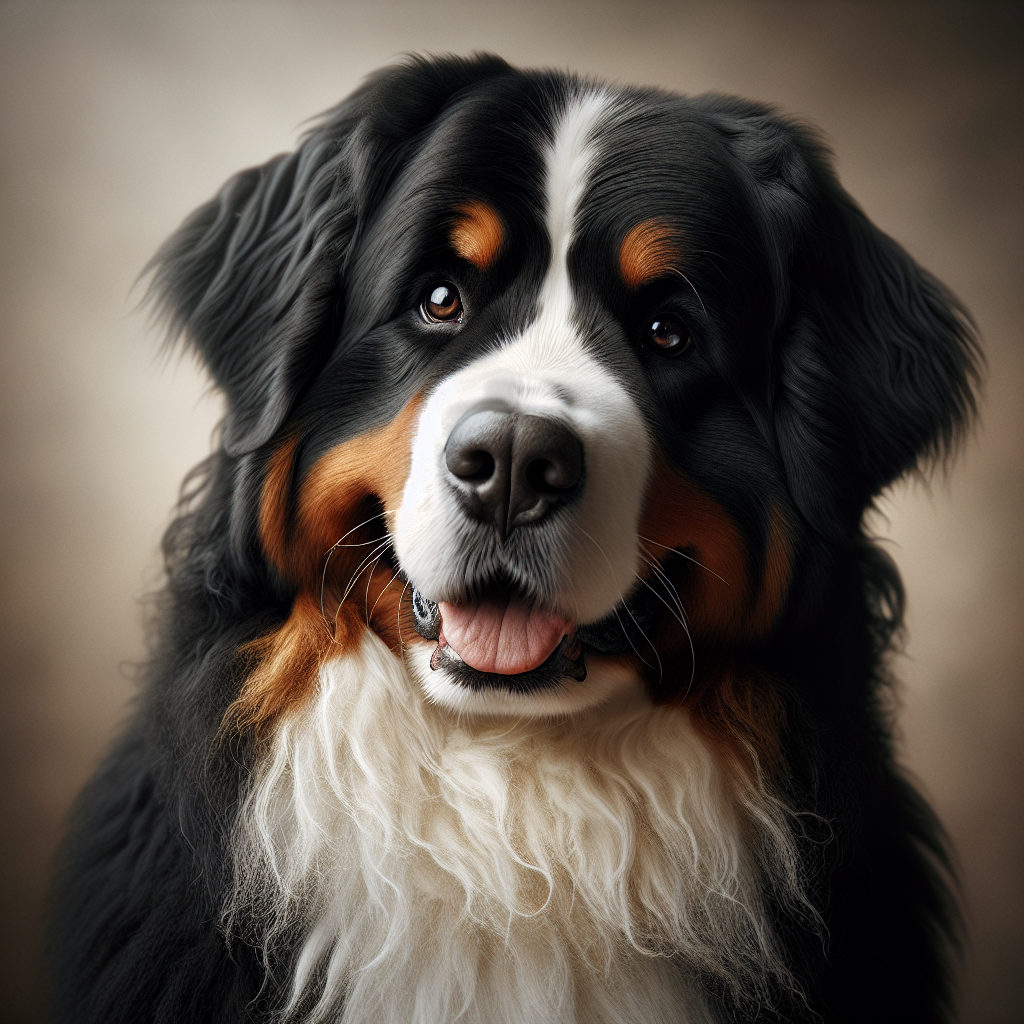 Gentle Bernese Mountain Dog Koda with his striking tri-colored coat and soulful, kind eyes