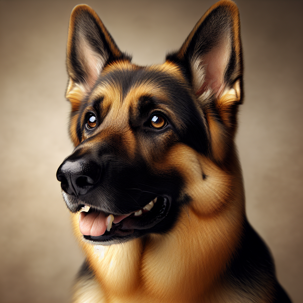Handsome German Shepherd Max with alert ears and intelligent, kind expression