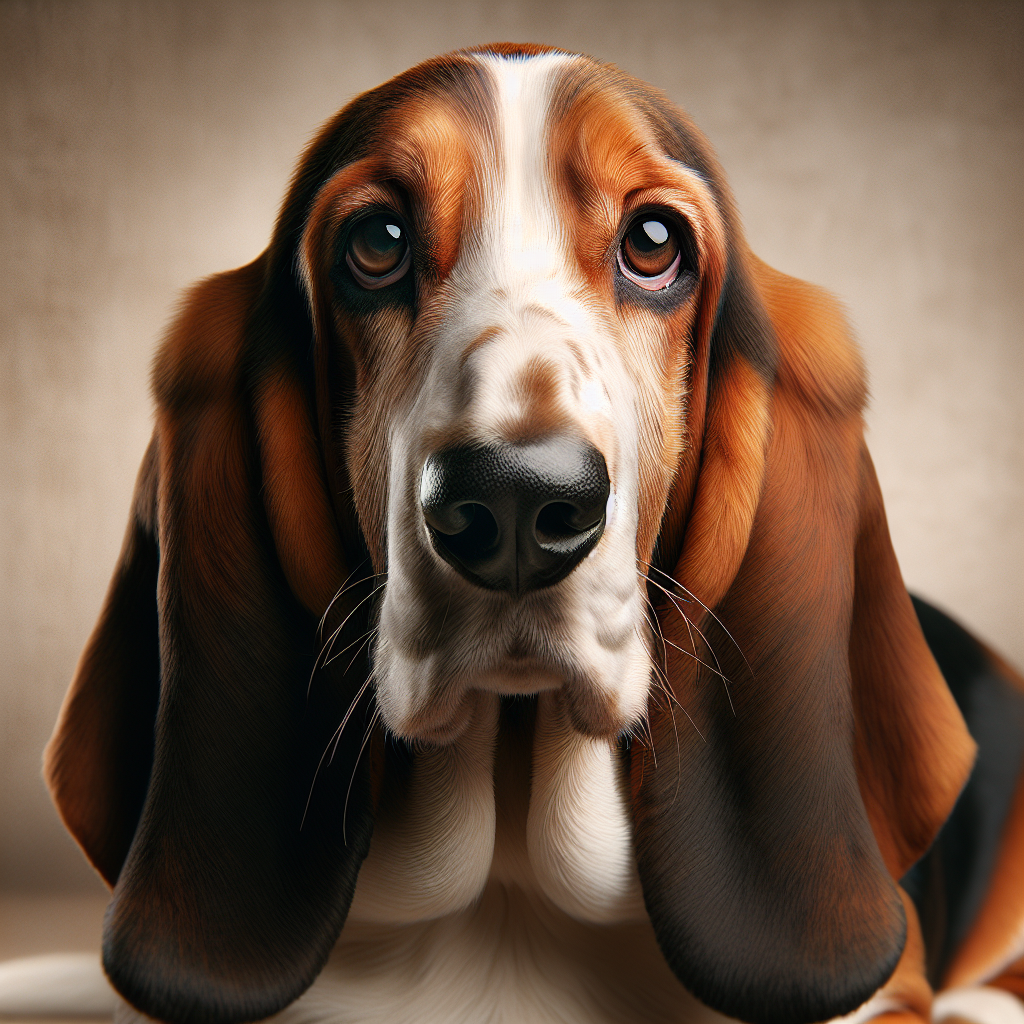 Sweet Basset Hound Olive with long droopy ears, soulful eyes, and calm, patient expression