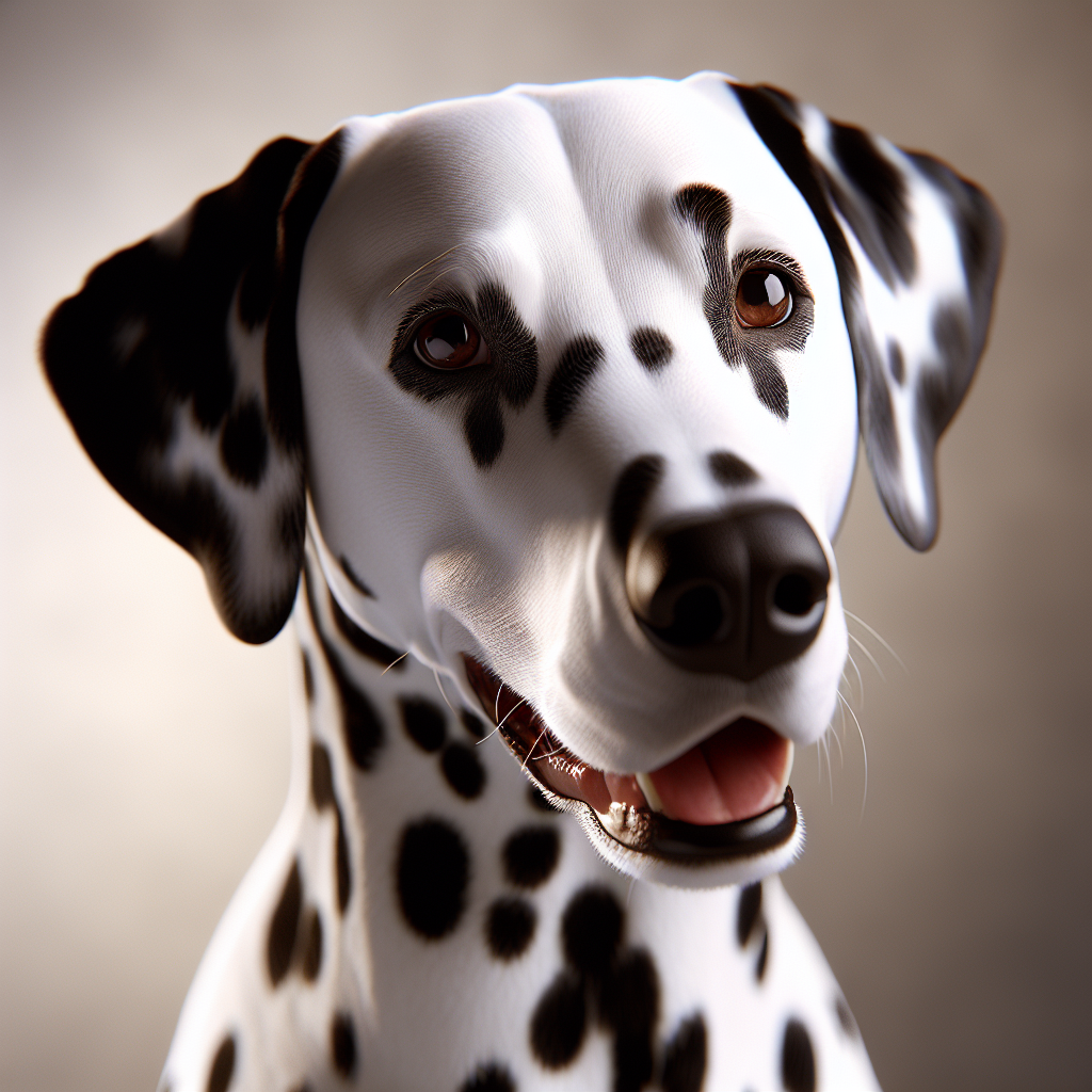 Striking Dalmatian Pepper with his distinctive black spots on white coat and bright, alert expression