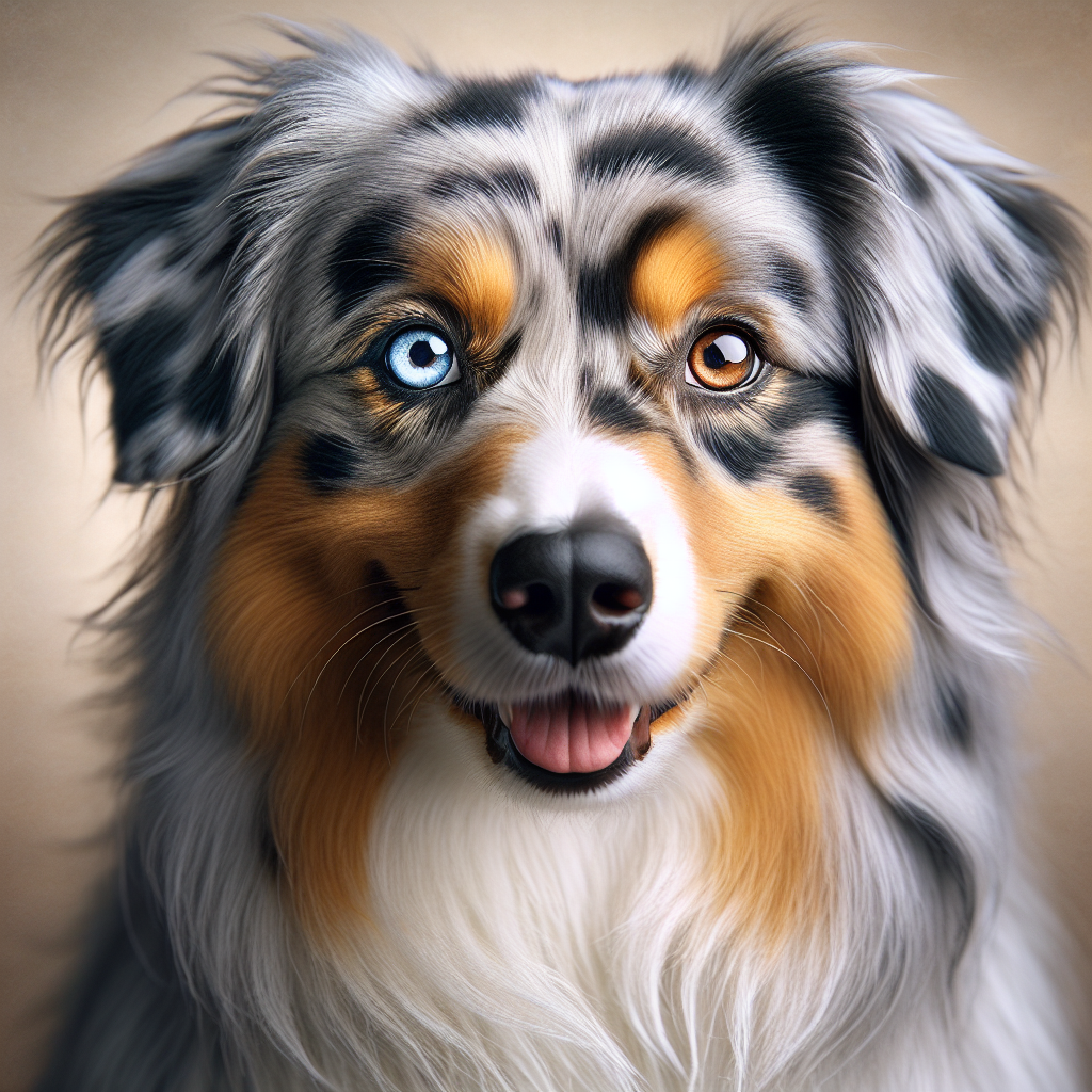 Beautiful Australian Shepherd Tucker with striking heterochromia (one blue eye, one amber) and merle coat